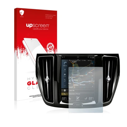 Face avant d’un emballage produit avec le logo de la marque upscreen. À côté, l’appareil Volvo S60 Sensus Connect 2020 est rep