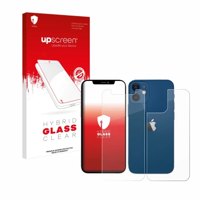 Face avant d’un emballage produit avec le logo de la marque upscreen. À côté, l’appareil Apple iPhone 12 mini (Avant+Arrière) 