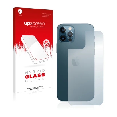 Face avant d’un emballage produit avec le logo de la marque upscreen. À côté, l’appareil Apple iPhone 12 Pro (Arrière) est rep
