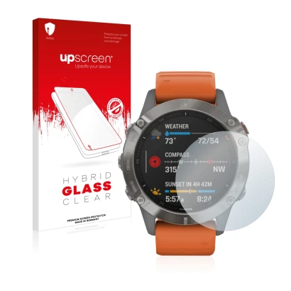 Face avant d’un emballage produit avec le logo de la marque upscreen. À côté, l’appareil Garmin Fenix 6 Pro Solar est représen