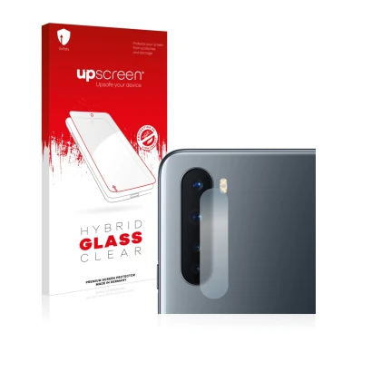 Face avant d’un emballage produit avec le logo de la marque upscreen. À côté, l’appareil OnePlus Nord (Caméra UNIQUEMENT) est 