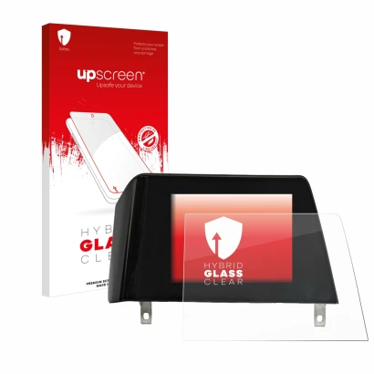 Face avant d’un emballage produit avec le logo de la marque upscreen. À côté, l’appareil BMW 3 G21 2020 Infotainment System (t