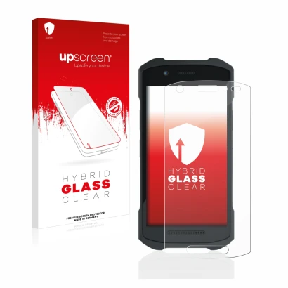 Face avant d’un emballage produit avec le logo de la marque upscreen. À côté, l’appareil Zebra TC21 est représenté avec la pro