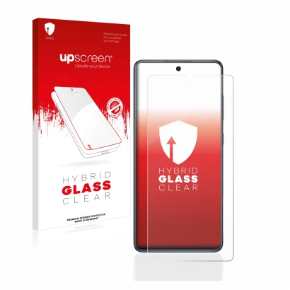 Face avant d’un emballage produit avec le logo de la marque upscreen. À côté, l’appareil Samsung Galaxy S20 FE est représenté 