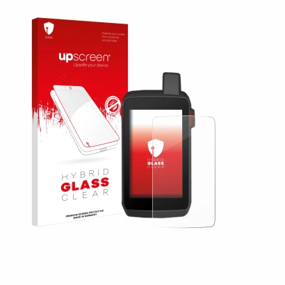 Face avant d’un emballage produit avec le logo de la marque upscreen. À côté, l’appareil Garmin Montana 700 est représenté ave