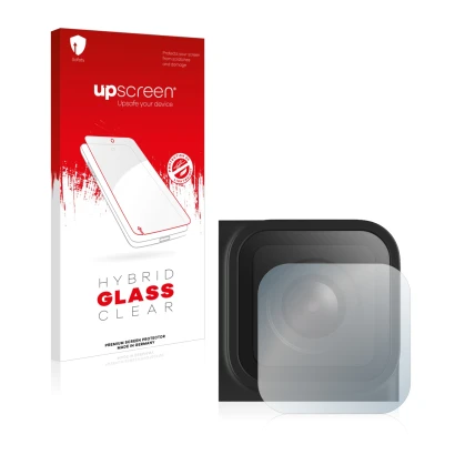 Face avant d’un emballage produit avec le logo de la marque upscreen. À côté, l’appareil GoPro Hero 9 Black (Lentille) est rep