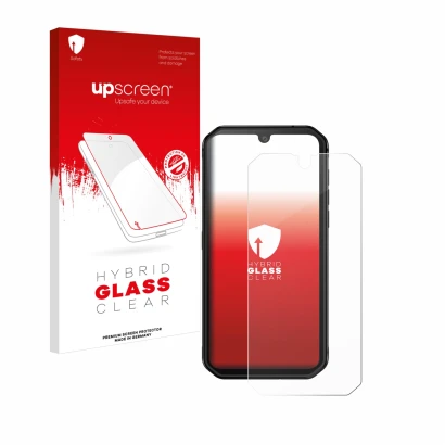 Face avant d’un emballage produit avec le logo de la marque upscreen. À côté, l’appareil Blackview BV9900E est représenté avec