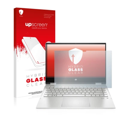 Face avant d’un emballage produit avec le logo de la marque upscreen. À côté, l’appareil HP Pavilion x360 (14-dwX) est représe
