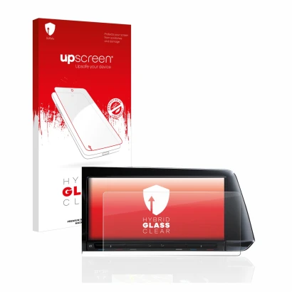 Face avant d’un emballage produit avec le logo de la marque upscreen. À côté, l’appareil Volkswagen Golf 8 2020 Discover Pro 1