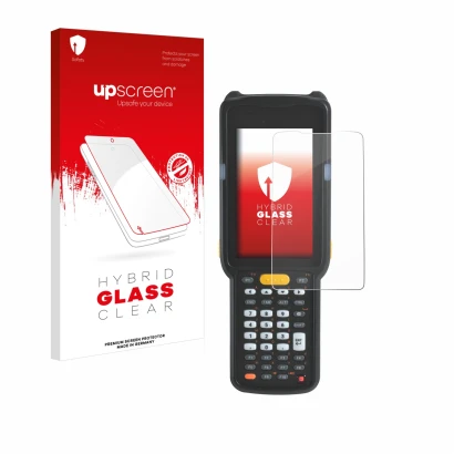 Face avant d’un emballage produit avec le logo de la marque upscreen. À côté, l’appareil Zebra MC330L est représenté avec la p