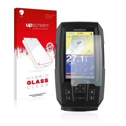 Face avant d’un emballage produit avec le logo de la marque upscreen. À côté, l’appareil Garmin Striker Vivid 4cv est représen