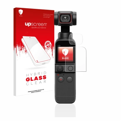 Face avant d’un emballage produit avec le logo de la marque upscreen. À côté, l’appareil DJI Osmo Pocket 2 (Affichage + Lentil