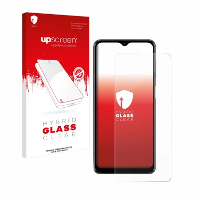 Face avant d’un emballage produit avec le logo de la marque upscreen. À côté, l’appareil Samsung Galaxy M12 est représenté ave