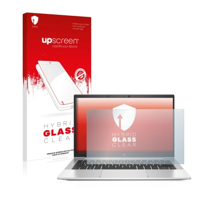 Face avant d’un emballage produit avec le logo de la marque upscreen. À côté, l’appareil HP EliteBook 830 G7 Non-Touch est rep