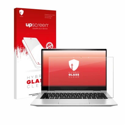Face avant d’un emballage produit avec le logo de la marque upscreen. À côté, l’appareil HP EliteBook x360 830 G8 est représen