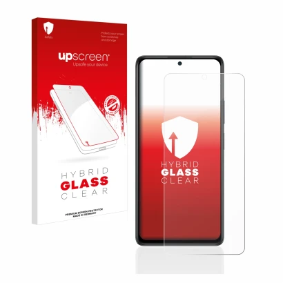Face avant d’un emballage produit avec le logo de la marque upscreen. À côté, l’appareil Xiaomi Redmi Note 10 Pro est représen