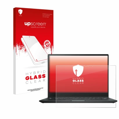 Face avant d’un emballage produit avec le logo de la marque upscreen. À côté, l’appareil ASUS Rog Flow X13 2022 est représenté