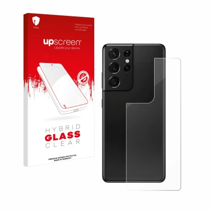 Face avant d’un emballage produit avec le logo de la marque upscreen. À côté, l’appareil Samsung Galaxy S21 Ultra 5G (Arrière)