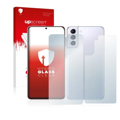Face avant d’un emballage produit avec le logo de la marque upscreen. À côté, l’appareil Samsung Galaxy S21 5G (Avant+Arrière)