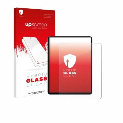 Face avant d’un emballage produit avec le logo de la marque upscreen. À côté, l’appareil Apple iPad Pro 12.9" WiFi 2021 (5ème