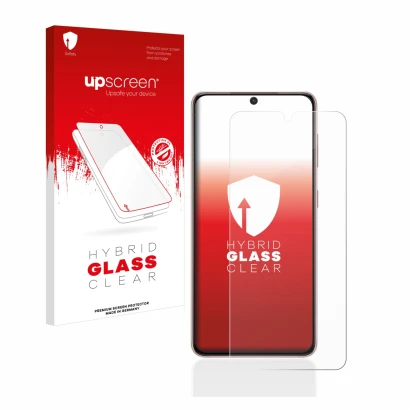 Face avant d’un emballage produit avec le logo de la marque upscreen. À côté, l’appareil Samsung Galaxy S21 est représenté ave