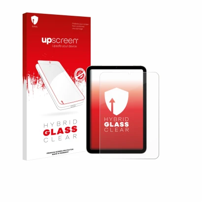 Face avant d’un emballage produit avec le logo de la marque upscreen. À côté, l’appareil Apple iPad Mini 6 WiFi 2021 est repré