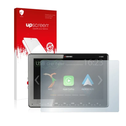 Face avant d’un emballage produit avec le logo de la marque upscreen. À côté, l’appareil Zenec Z-N965 est représenté avec la p