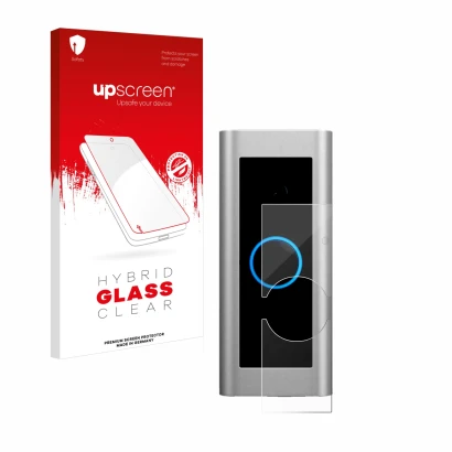 Face avant d’un emballage produit avec le logo de la marque upscreen. À côté, l’appareil Ring Video Doorbell Pro 2 est représe