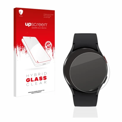 Face avant d’un emballage produit avec le logo de la marque upscreen. À côté, l’appareil Samsung Galaxy Watch 4 (40mm) est rep