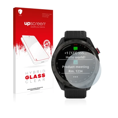 Face avant d’un emballage produit avec le logo de la marque upscreen. À côté, l’appareil Garmin Approach S42 est représenté av