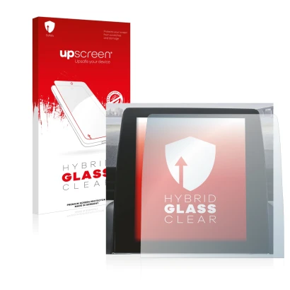 Face avant d’un emballage produit avec le logo de la marque upscreen. À côté, l’appareil Renault Zoe 2020 Easy Link 9.3" est r