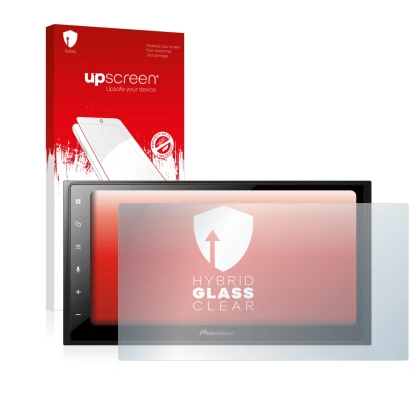 Face avant d’un emballage produit avec le logo de la marque upscreen. À côté, l’appareil Pioneer SPH-DA250DAB est représenté a