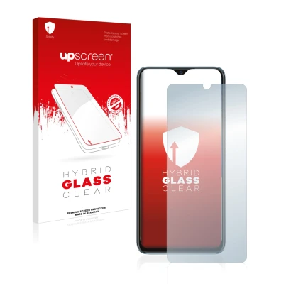 Face avant d’un emballage produit avec le logo de la marque upscreen. À côté, l’appareil Vivo Y70 est représenté avec la prote