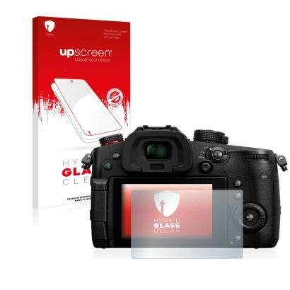 Face avant d’un emballage produit avec le logo de la marque upscreen. À côté, l’appareil Panasonic Lumix DC-GH5 II est représe
