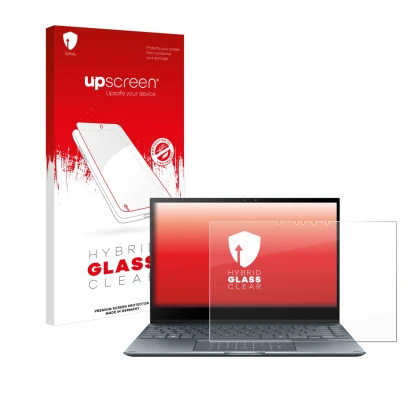 Face avant d’un emballage produit avec le logo de la marque upscreen. À côté, l’appareil ASUS ZenBook Flip 13 UX363EA est repr