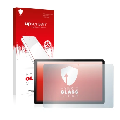 Face avant d’un emballage produit avec le logo de la marque upscreen. À côté, l’appareil Lenovo Tab P11 5G est représenté avec