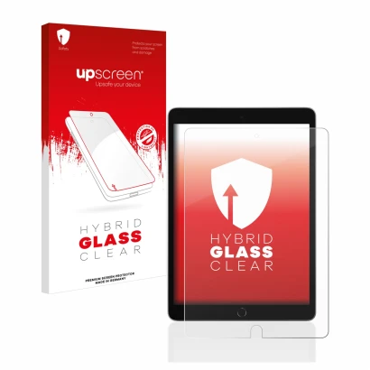 Face avant d’un emballage produit avec le logo de la marque upscreen. À côté, l’appareil Apple iPad 10.2" WiFi 2021 (9ème Gen.