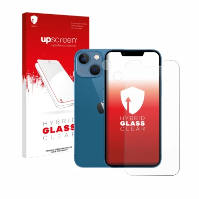 Face avant d’un emballage produit avec le logo de la marque upscreen. À côté, l’appareil Apple iPhone 13 mini (Avant+Caméra) e