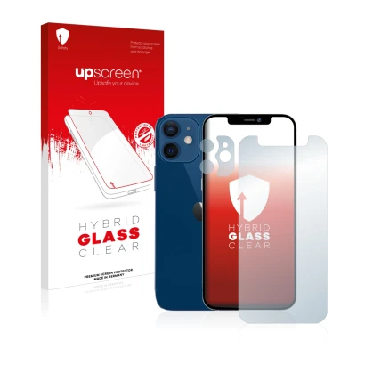 Face avant d’un emballage produit avec le logo de la marque upscreen. À côté, l’appareil Apple iPhone 12 mini (Avant+Caméra) e