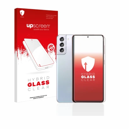 Face avant d’un emballage produit avec le logo de la marque upscreen. À côté, l’appareil Samsung Galaxy S21 5G (Avant+Caméra) 