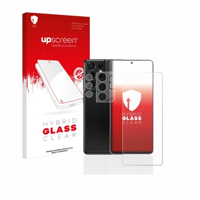 Face avant d’un emballage produit avec le logo de la marque upscreen. À côté, l’appareil Samsung Galaxy S21 Ultra 5G (Avant+Ca