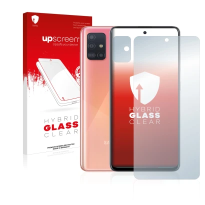 Face avant d’un emballage produit avec le logo de la marque upscreen. À côté, l’appareil Samsung Galaxy A51 (Avant+Caméra) est