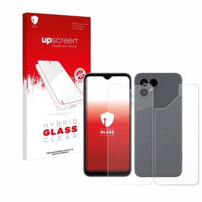 Face avant d’un emballage produit avec le logo de la marque upscreen. À côté, l’appareil Fairphone 4 (Avant+Arrière) est repré