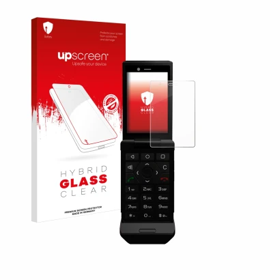 Face avant d’un emballage produit avec le logo de la marque upscreen. À côté, l’appareil Caterpillar Cat S22 Flip est représen