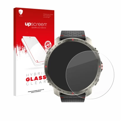 Face avant d’un emballage produit avec le logo de la marque upscreen. À côté, l’appareil Polar Grit X Pro Titan est représenté