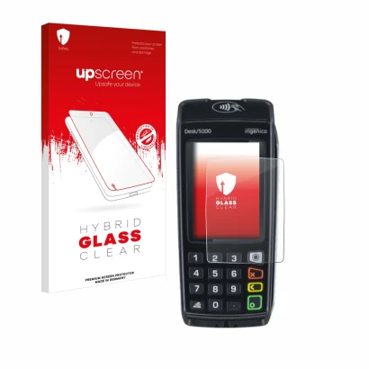 Face avant d’un emballage produit avec le logo de la marque upscreen. À côté, l’appareil ingenico Desk/5000 est représenté ave