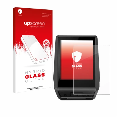 Face avant d’un emballage produit avec le logo de la marque upscreen. À côté, l’appareil Bosch Nyon 2 2021 est représenté avec