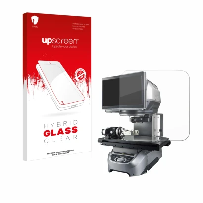 Face avant d’un emballage produit avec le logo de la marque upscreen. À côté, l’appareil Keyence IM-7020 Dessus en verre est r