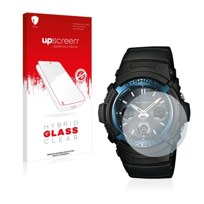 Face avant d’un emballage produit avec le logo de la marque upscreen. À côté, l’appareil Casio AWG M100 est représenté avec la