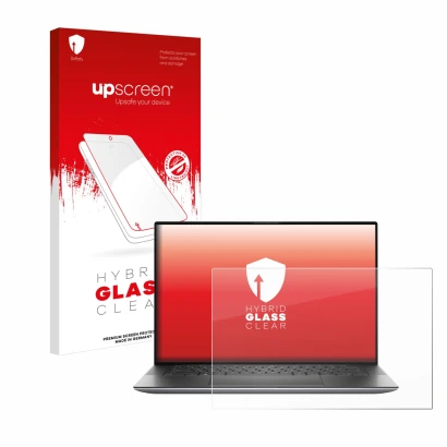 Face avant d’un emballage produit avec le logo de la marque upscreen. À côté, l’appareil Dell Precision 5560 est représenté av